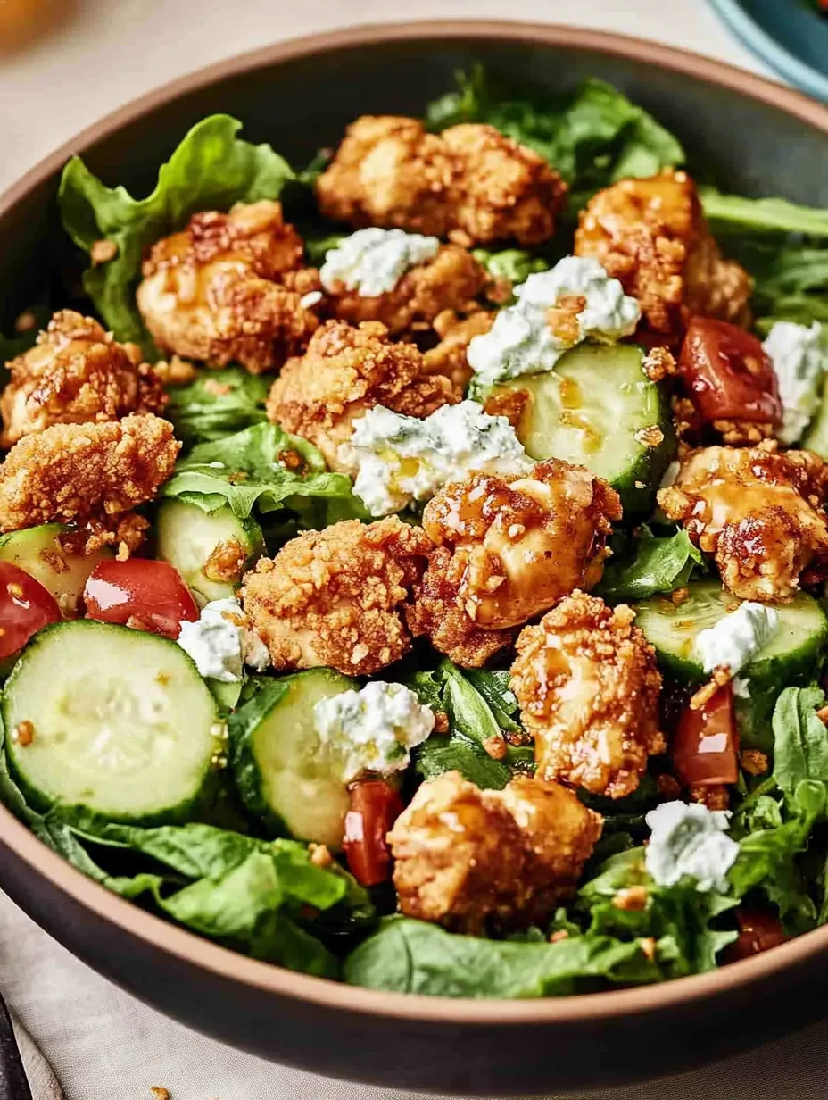 A bowl of crunchy hot honey chicken salad.