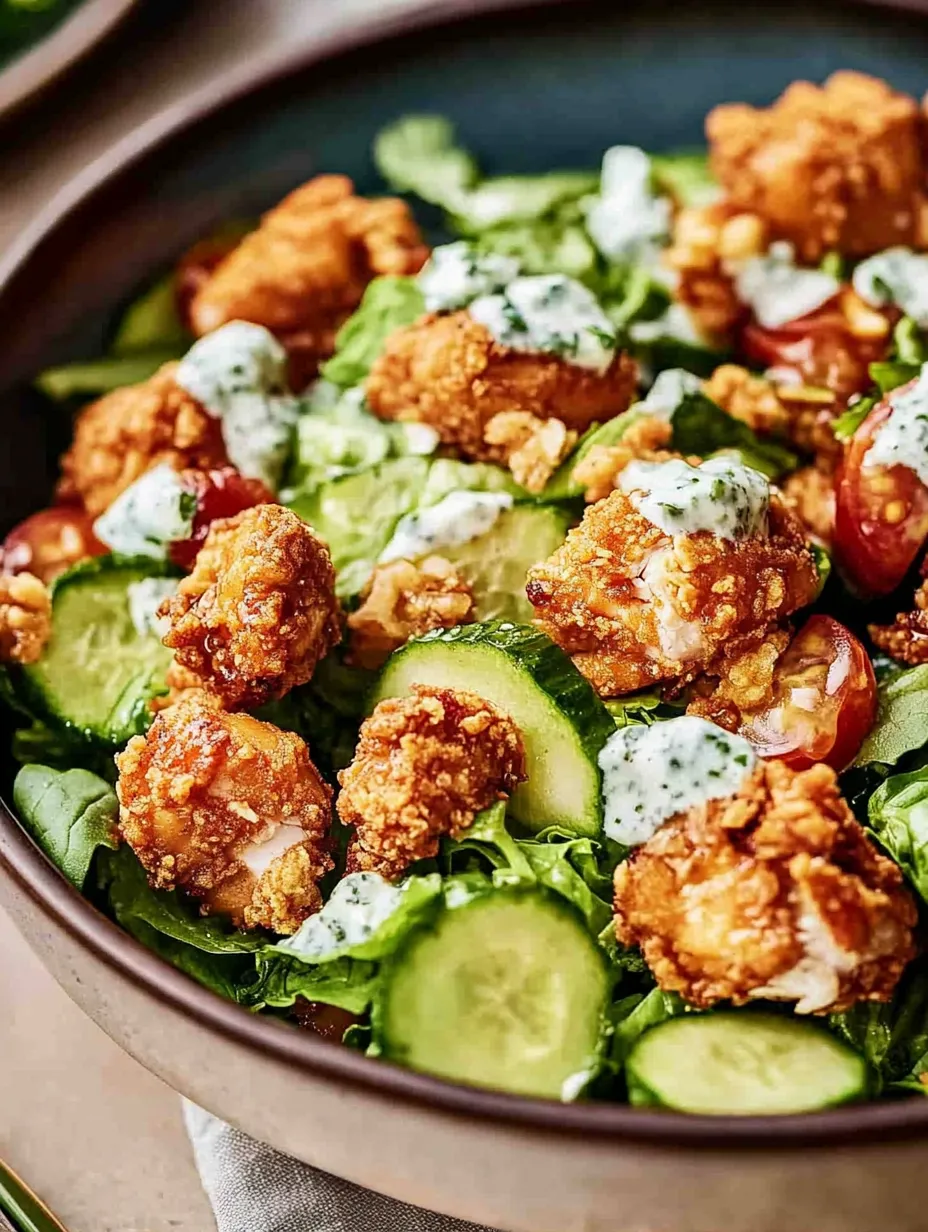 A bowl of crunchy hot honey chicken salad.