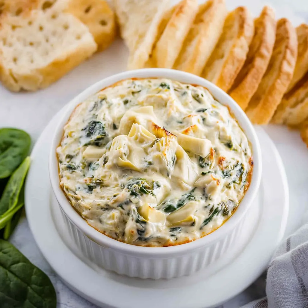 A bowl of spinach artichoke dip with a loaf of bread.