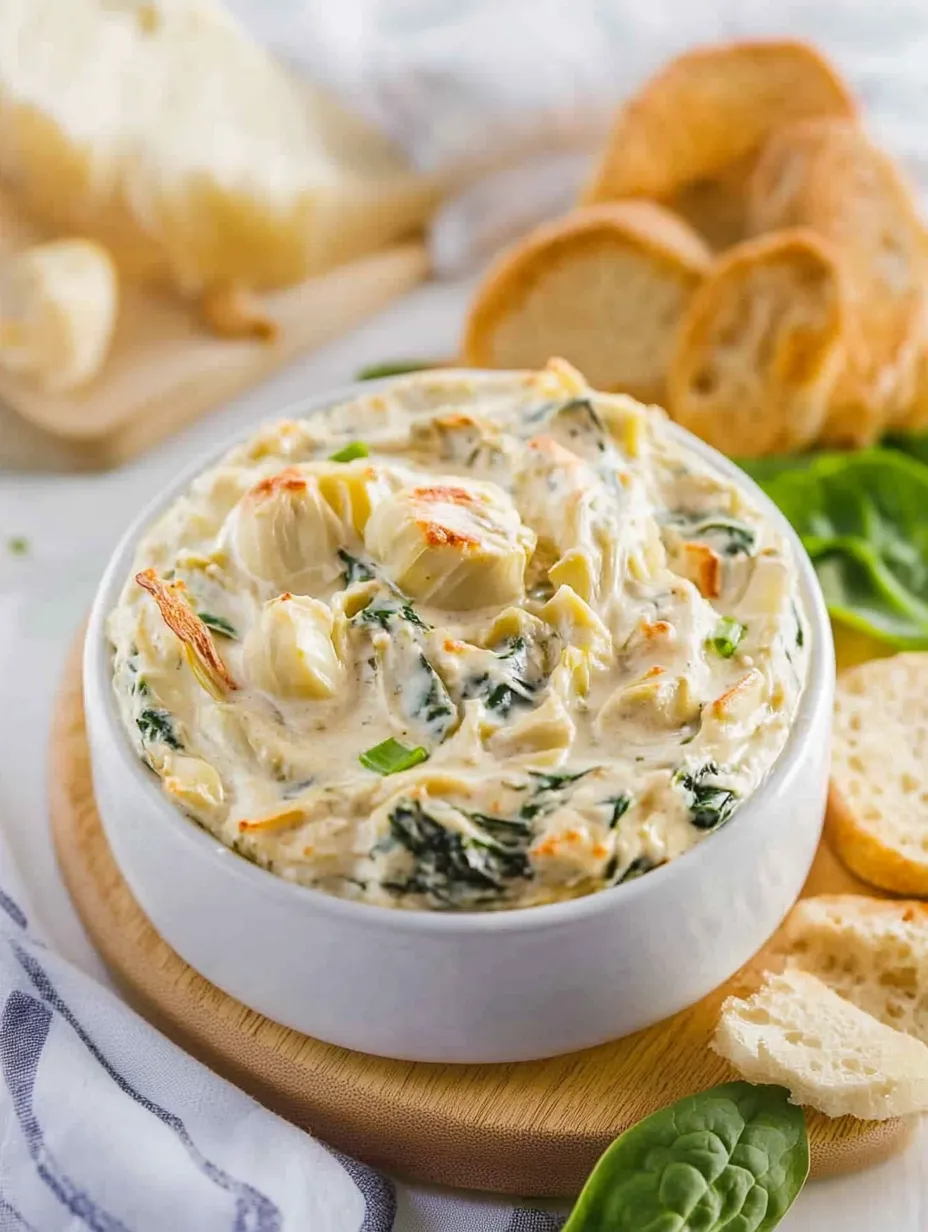 A white bowl filled with spinach artichoke dip.