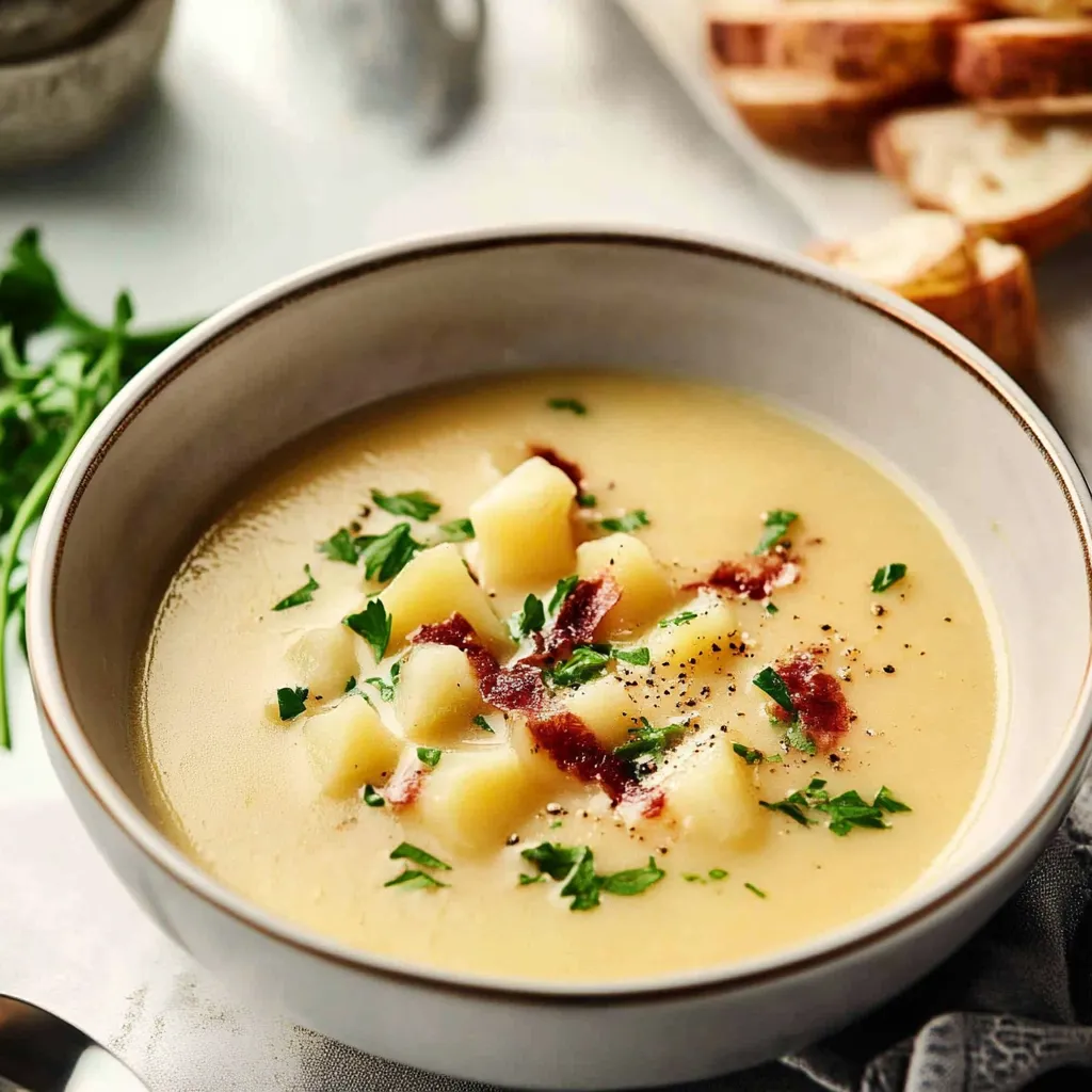 A bowl of soup with a spoon in it.
