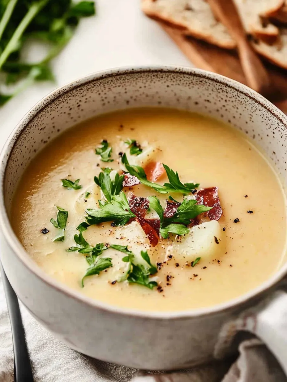 A bowl of soup with bacon and herbs.