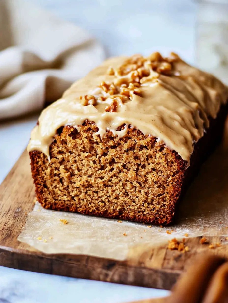 A slice of pumpkin bread with maple frosting.