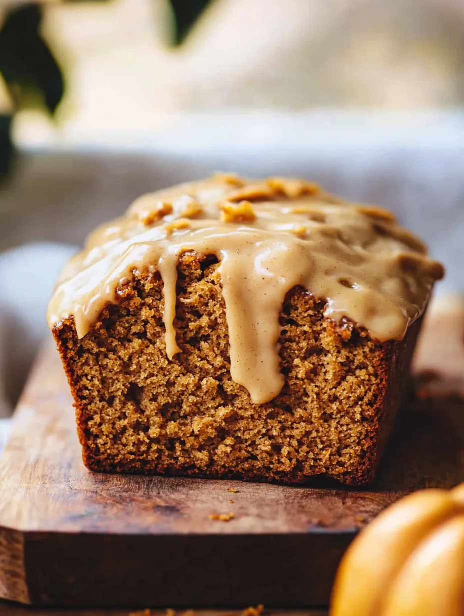 A slice of pumpkin bread with maple frosting.