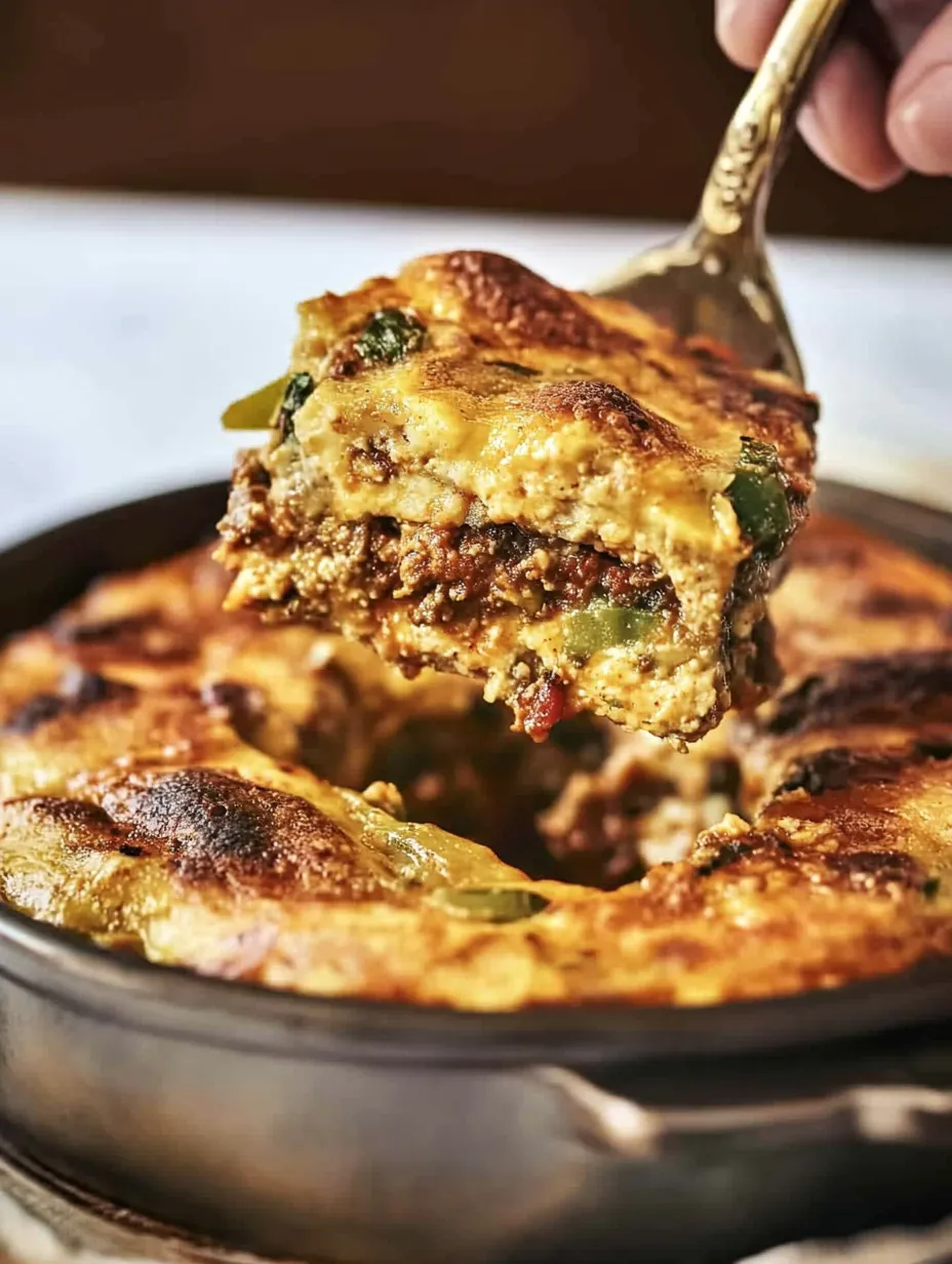 A person is cutting a piece of chili relleno casserole.