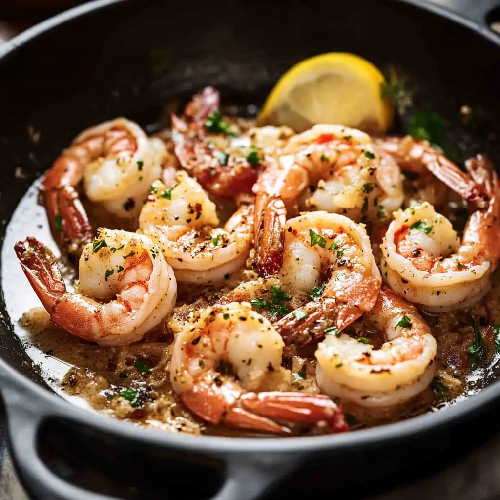 A pan of shrimp scampi with lemon wedges on top.