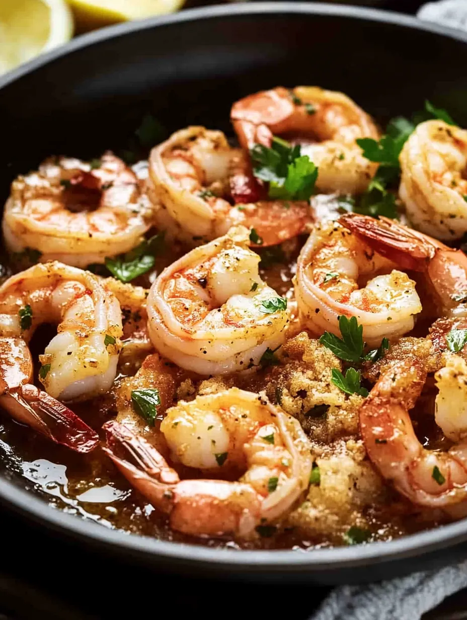 A bowl of shrimp scampi with herbs and spices.