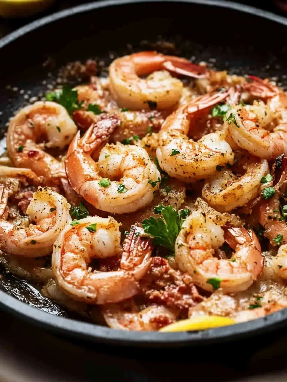 A dish of shrimp scampi with herbs and spices.