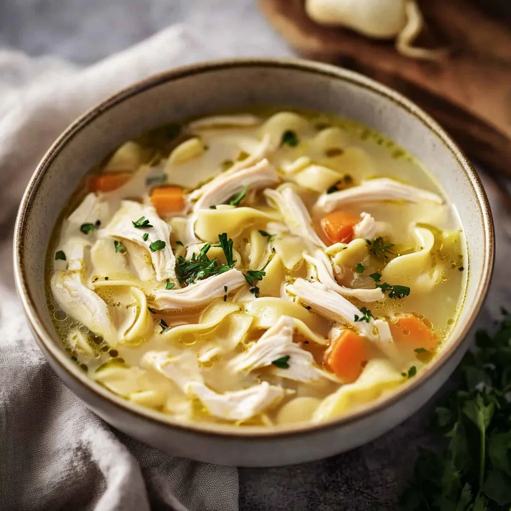 A bowl of chicken noodle soup with a green herb on top.
