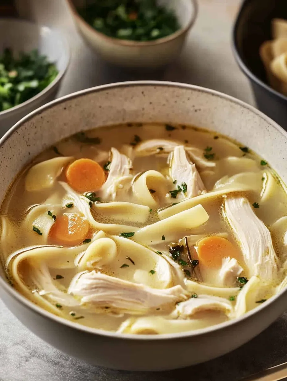 A bowl of chicken noodle soup with carrots and herbs.