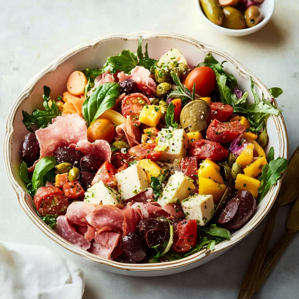 A bowl of antipasto salad with various vegetables and cheese.