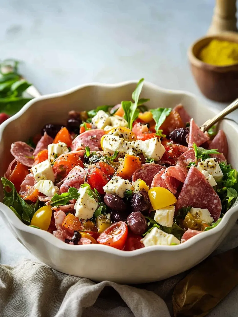 A white bowl filled with a salad of tomatoes, olives, and meat.