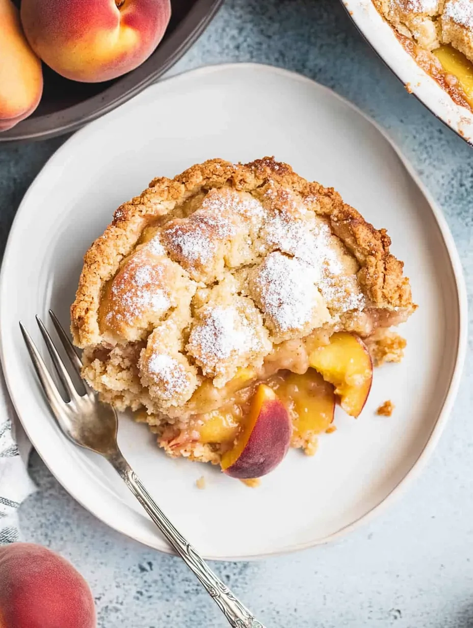 A slice of vegan peach cobbler on a plate.