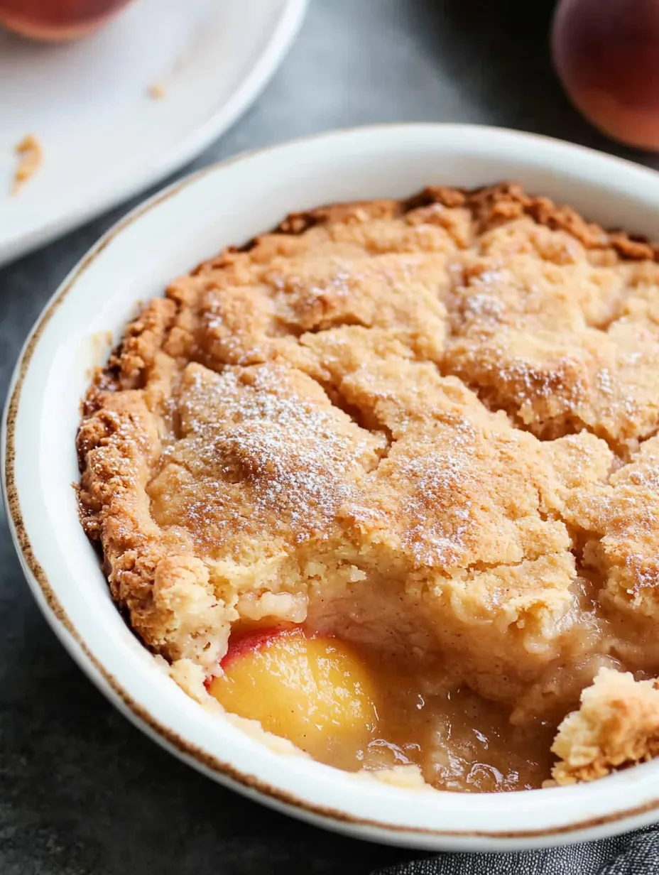 A bowl of peach cobbler with a spoon in it.