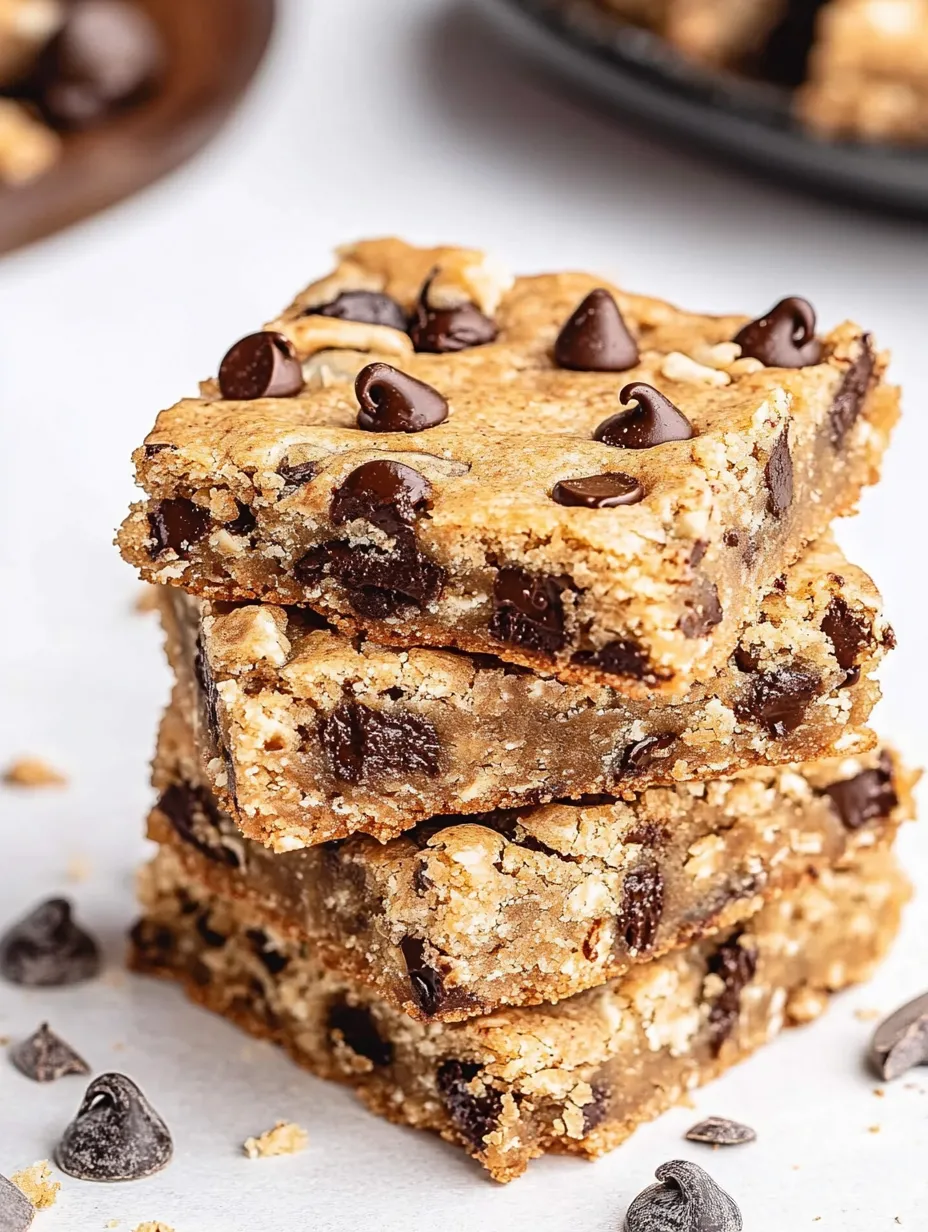 A stack of vegan chocolate chip cookie bars.