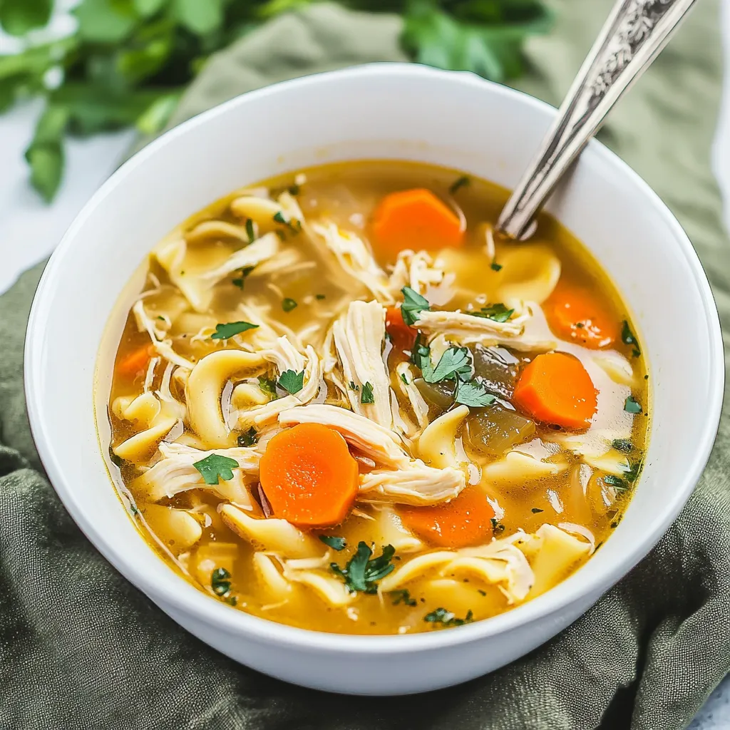 A bowl of soup with carrots and chicken.