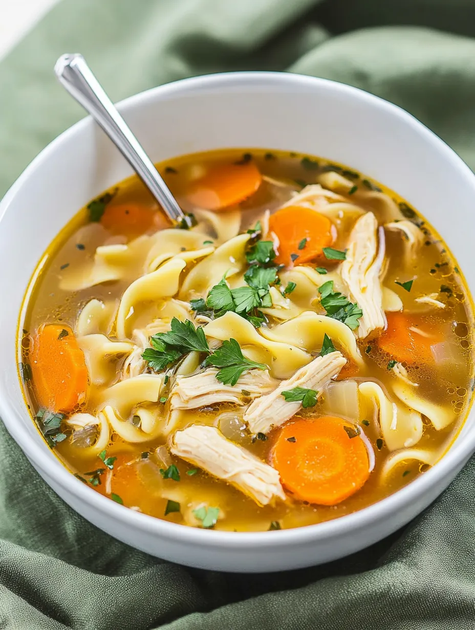 A bowl of soup with chicken and carrots.