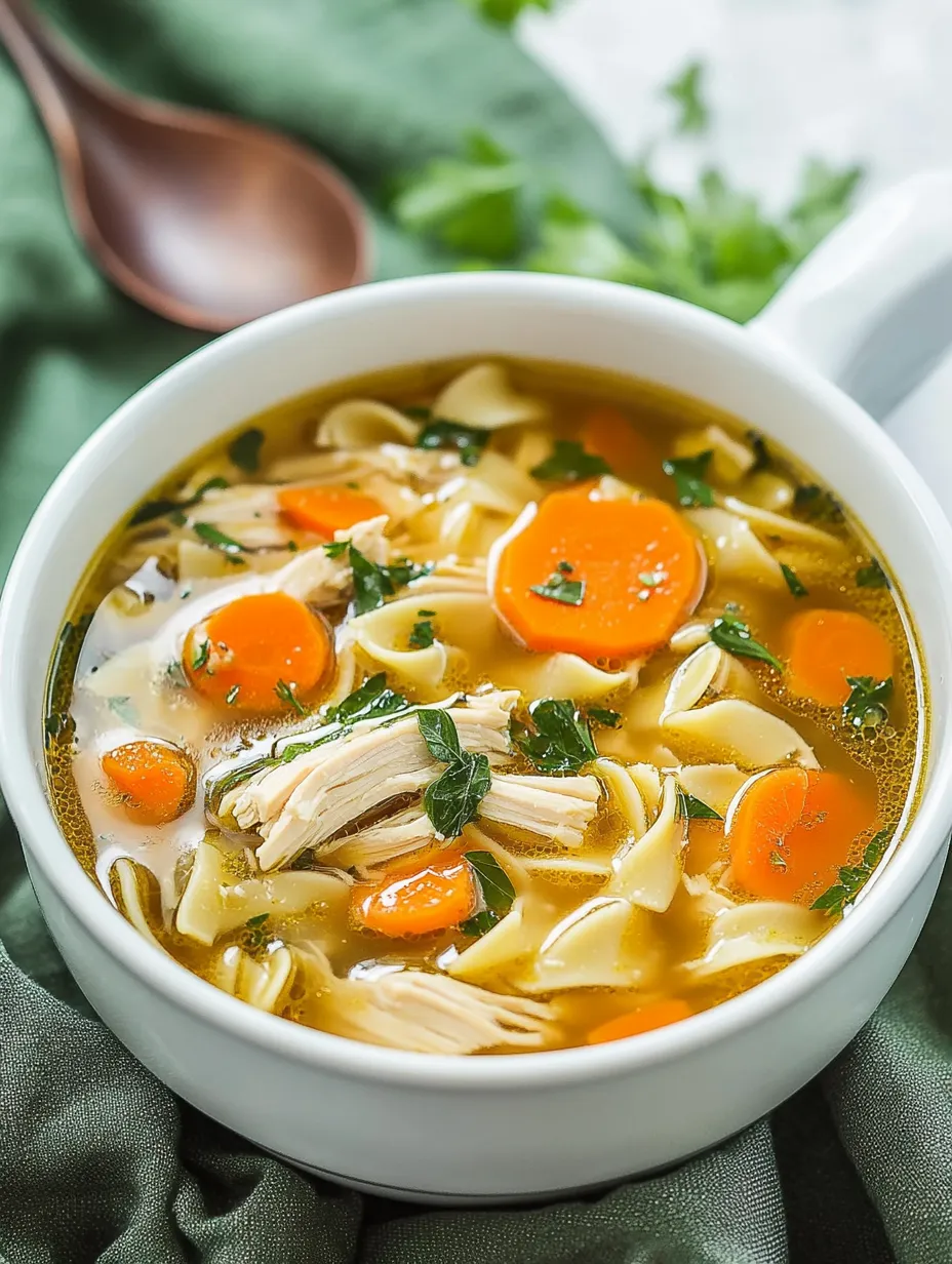 A bowl of soup with chicken, carrots, and noodles.