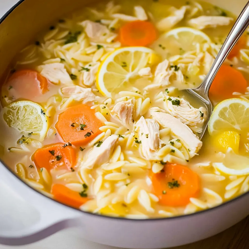 A bowl of soup with chicken, carrots, and lemon.