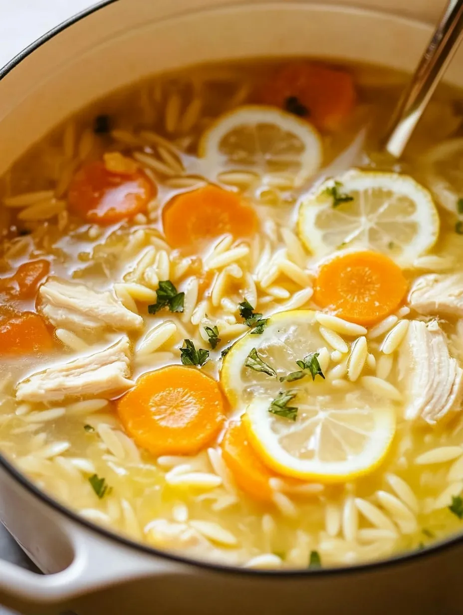 A bowl of soup with lemon slices and chicken.
