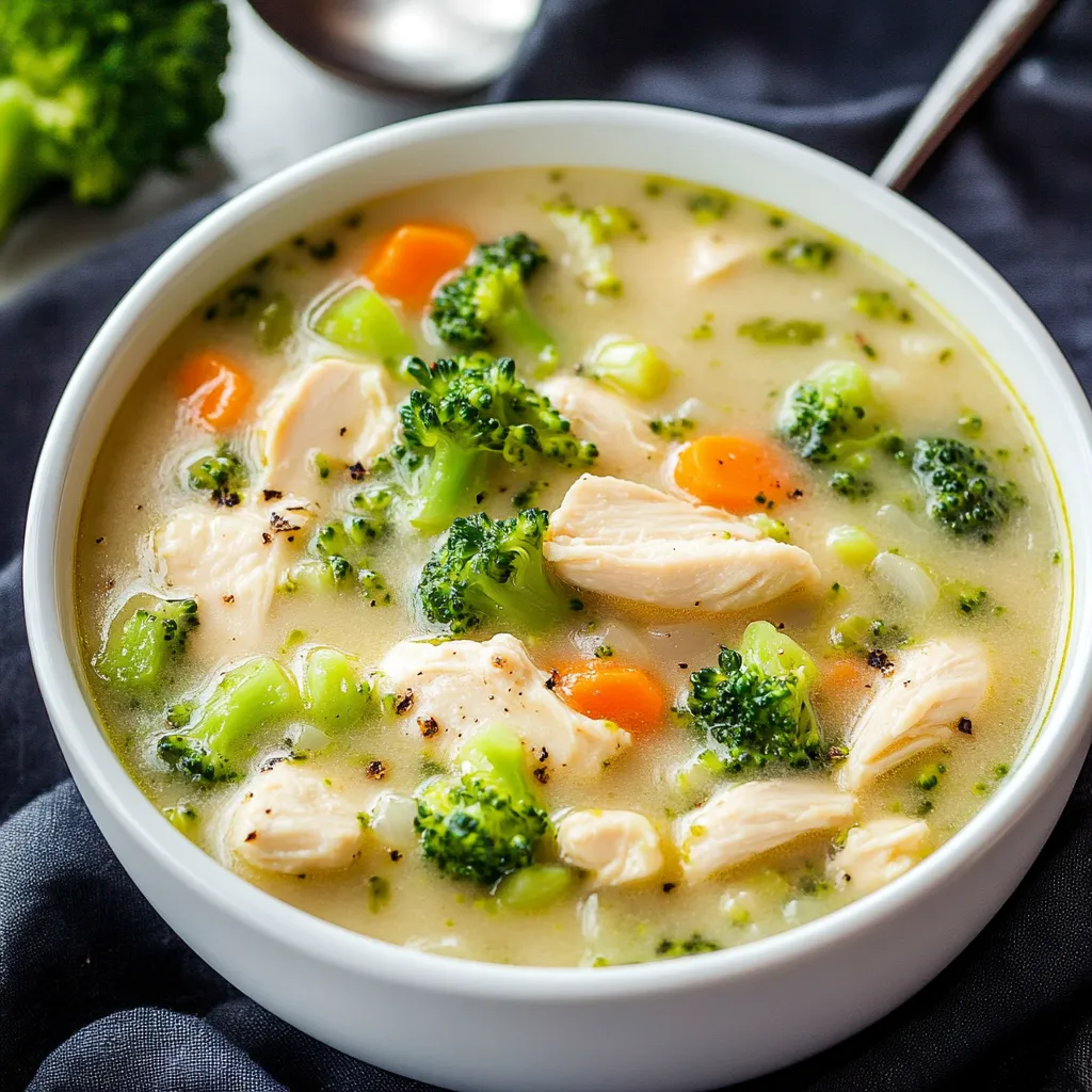 A bowl of soup with chicken and broccoli.