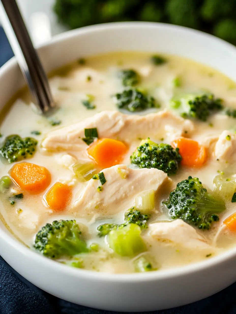 A bowl of chicken and broccoli soup.
