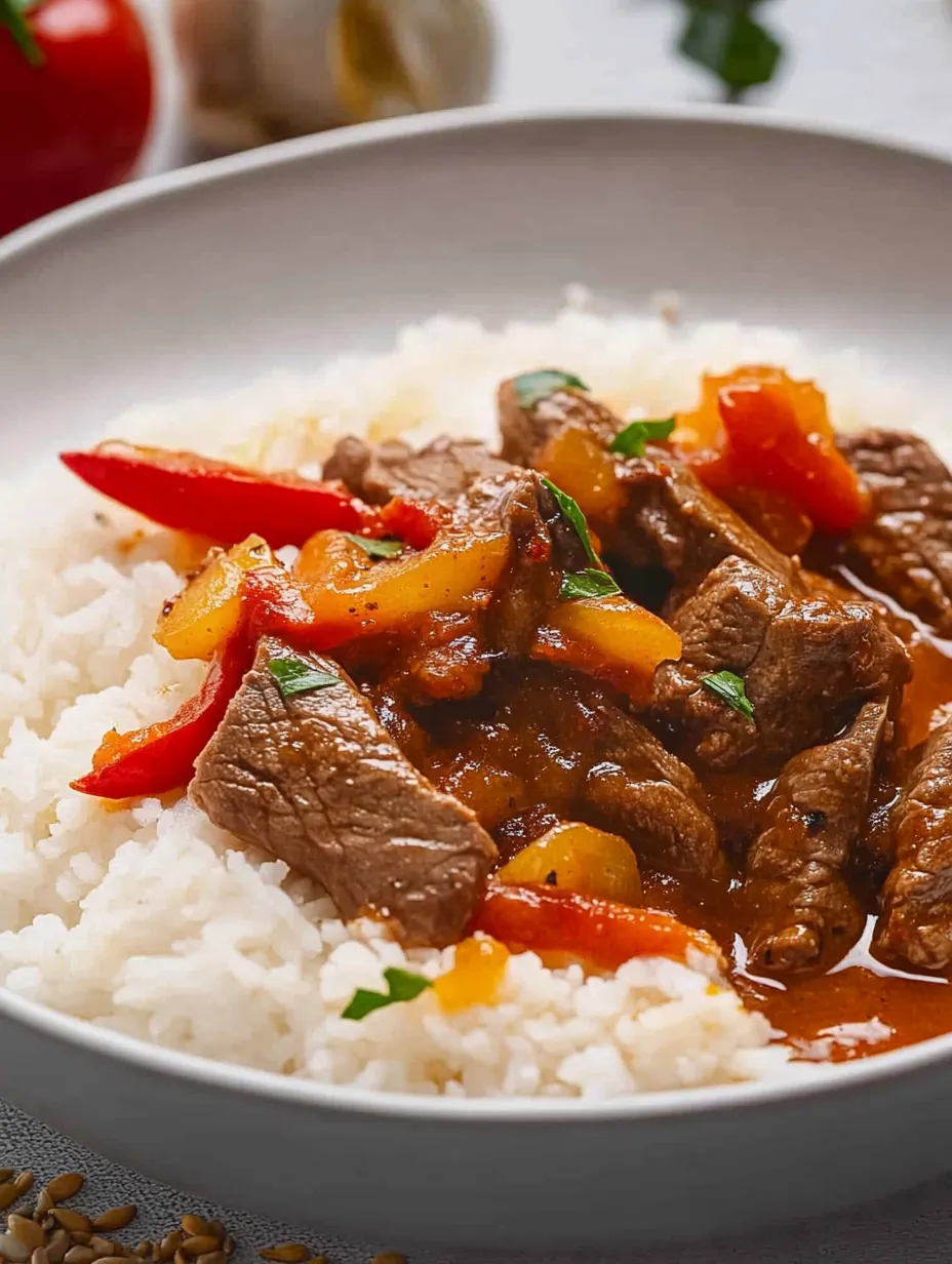 A plate of beef and rice with peppers.