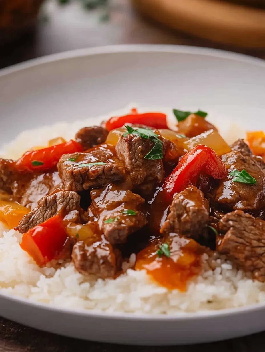 A plate of slow cooker pepper steak.
