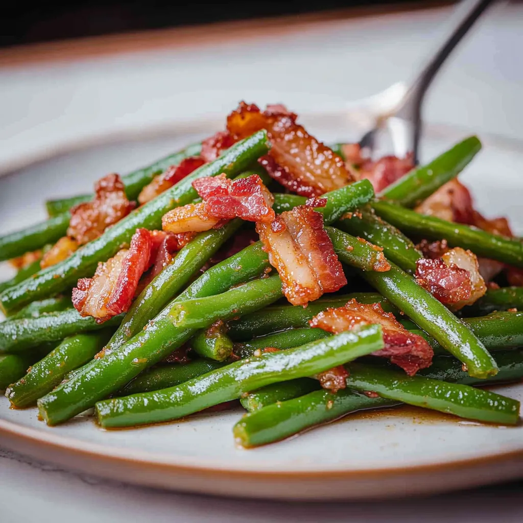 A plate of green beans with bacon on top.