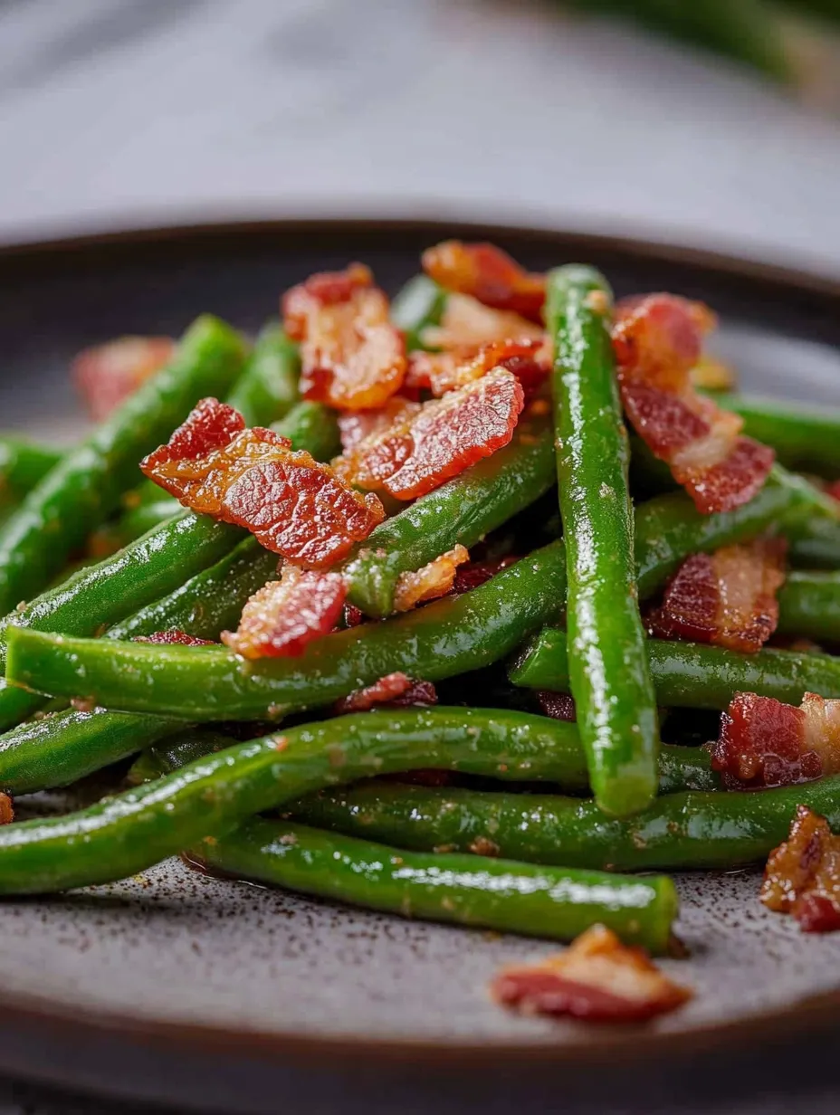 A plate of bacon and green beans.