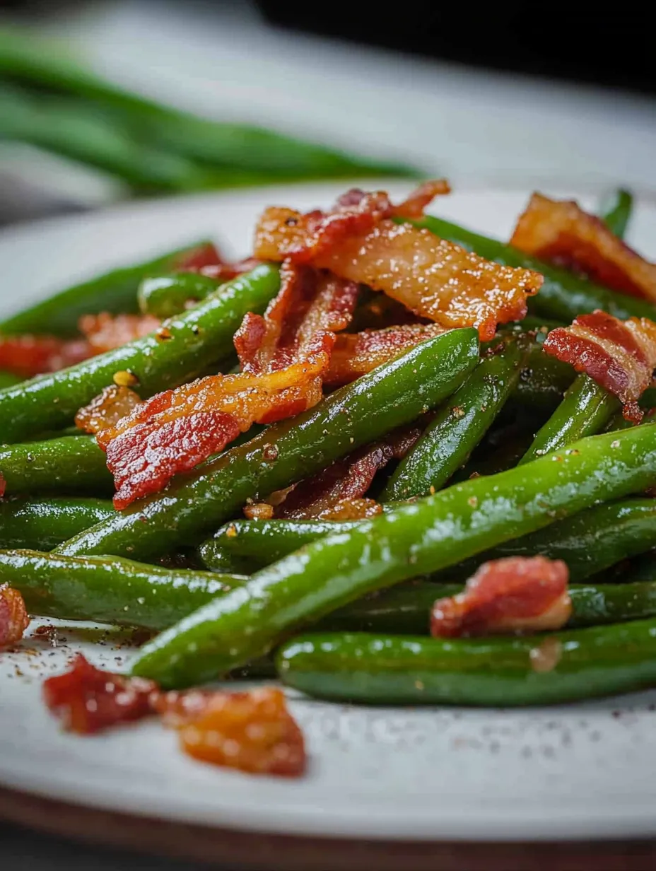 Bacon and green beans on a plate.