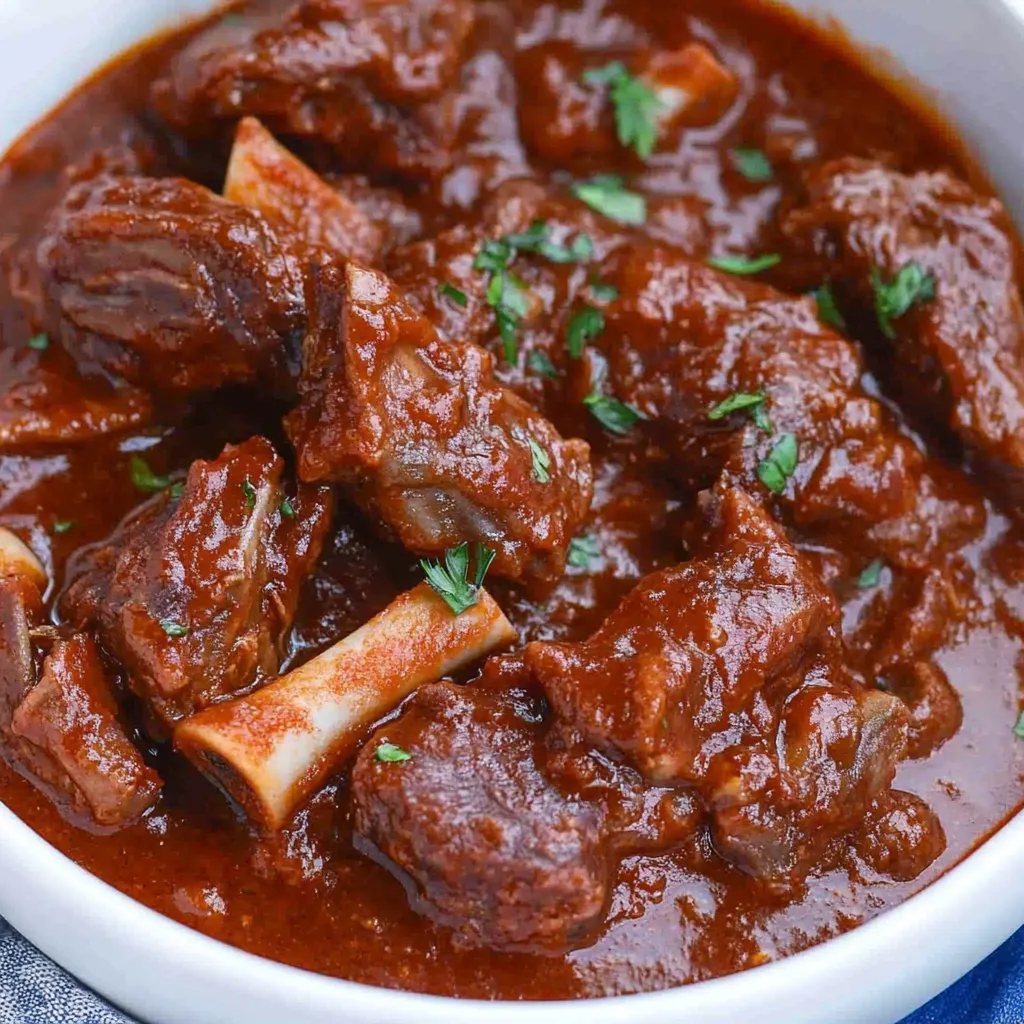 A bowl of beef short ribs in a brown sauce.