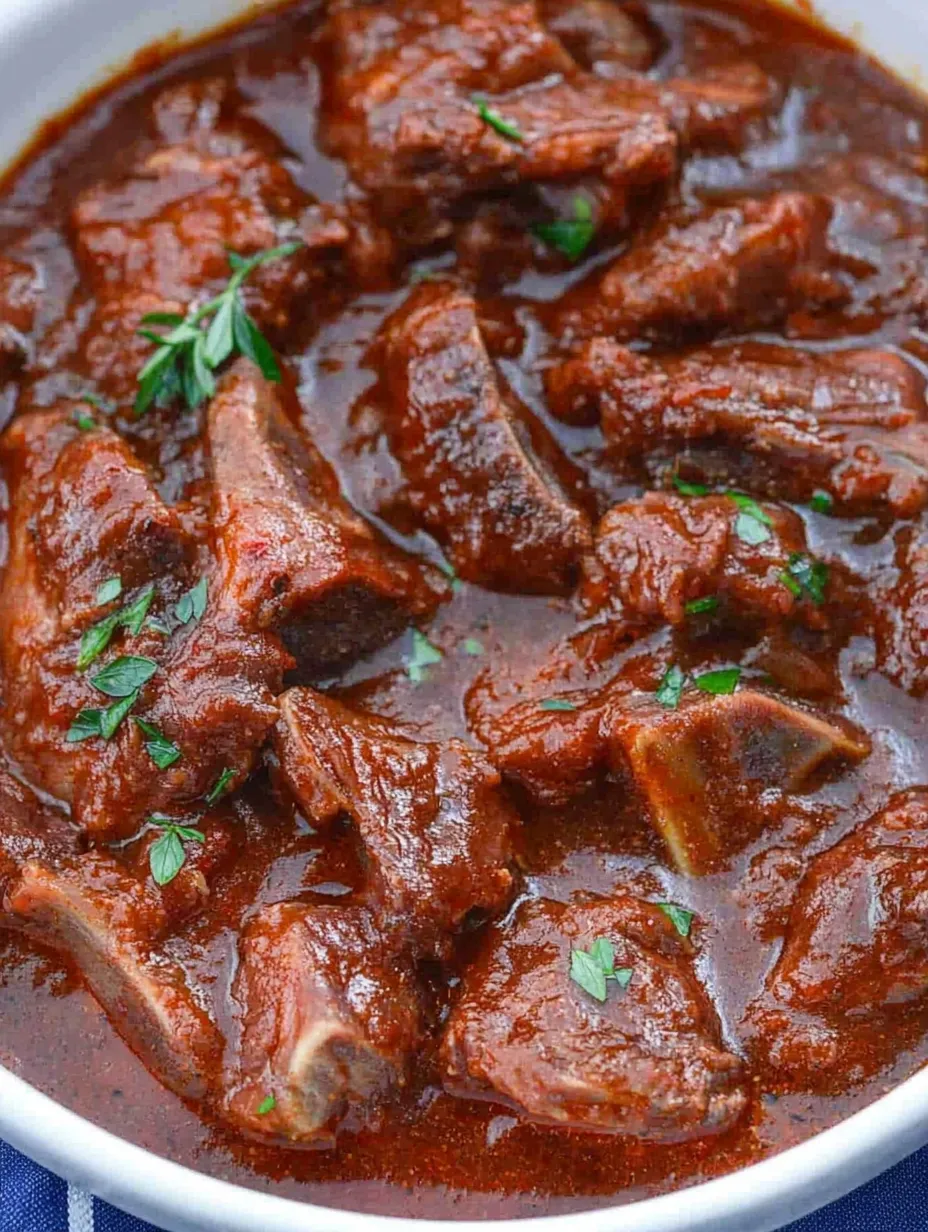 Braised beef short ribs in a brown sauce.