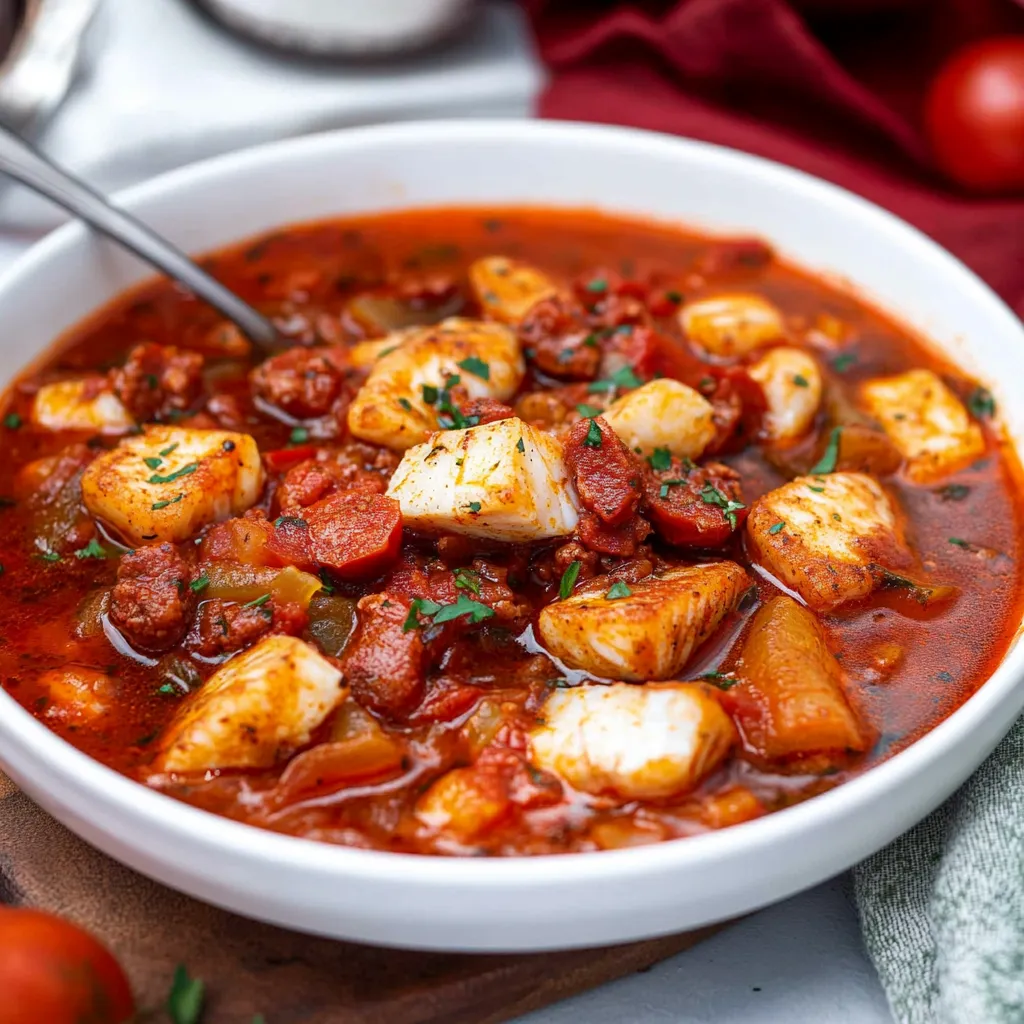 A bowl of soup with fish and tomatoes.