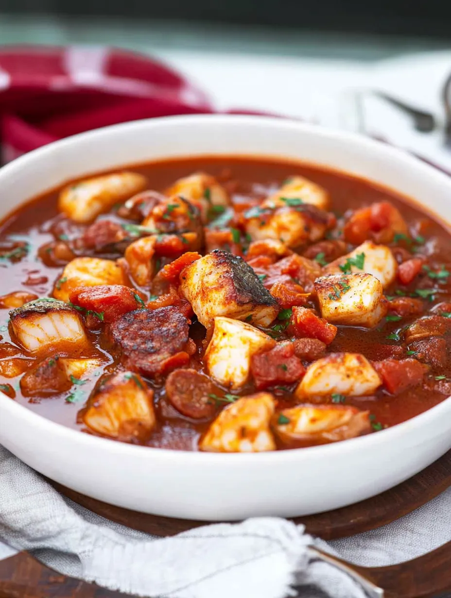 A bowl of fish stew with chorizo and tomato.