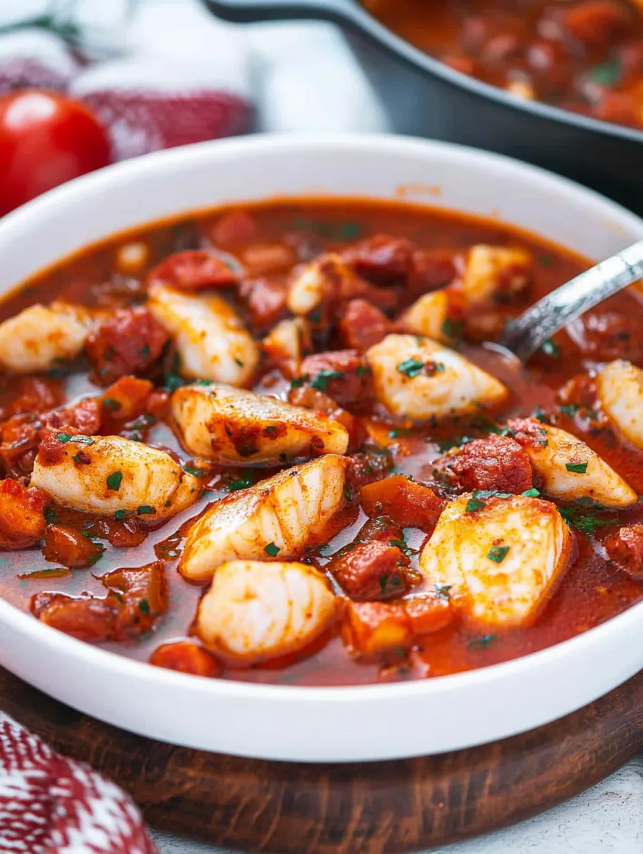 A bowl of fish stew with chorizo and tomato.