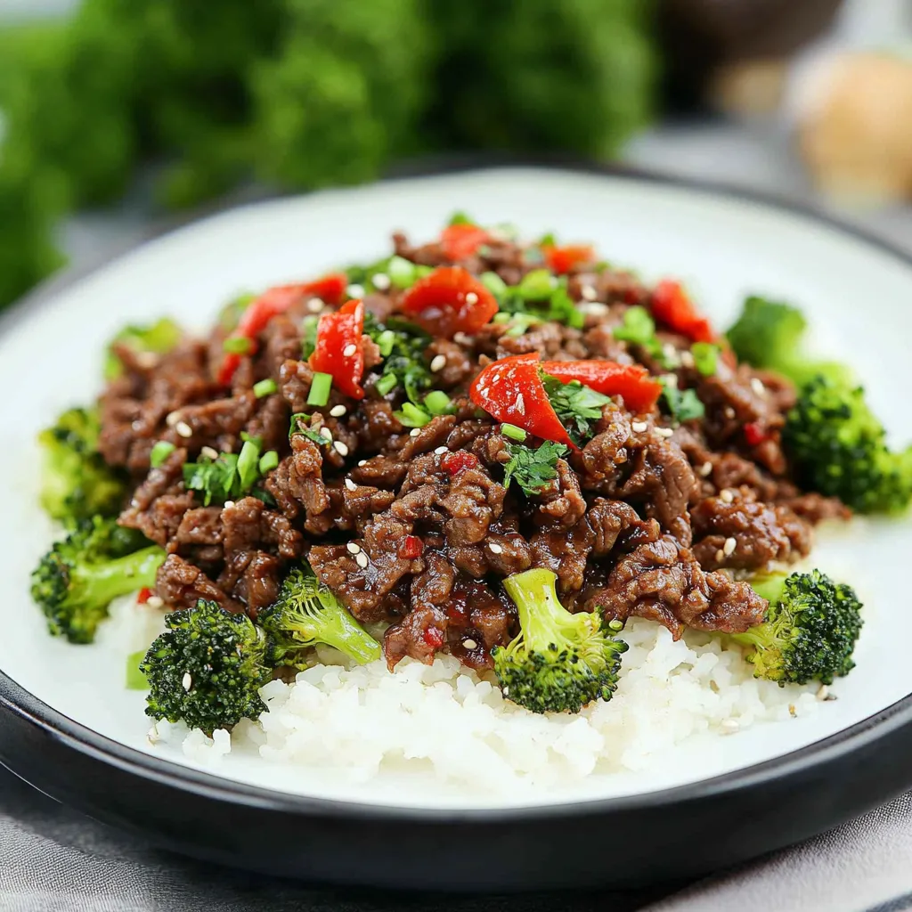 A plate of beef and broccoli with rice.
