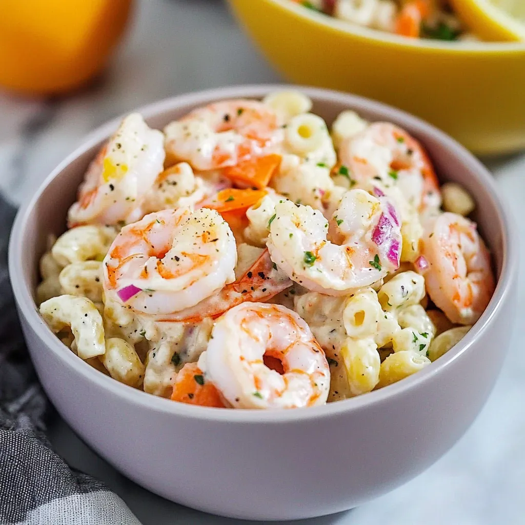 A bowl of shrimp macaroni salad.