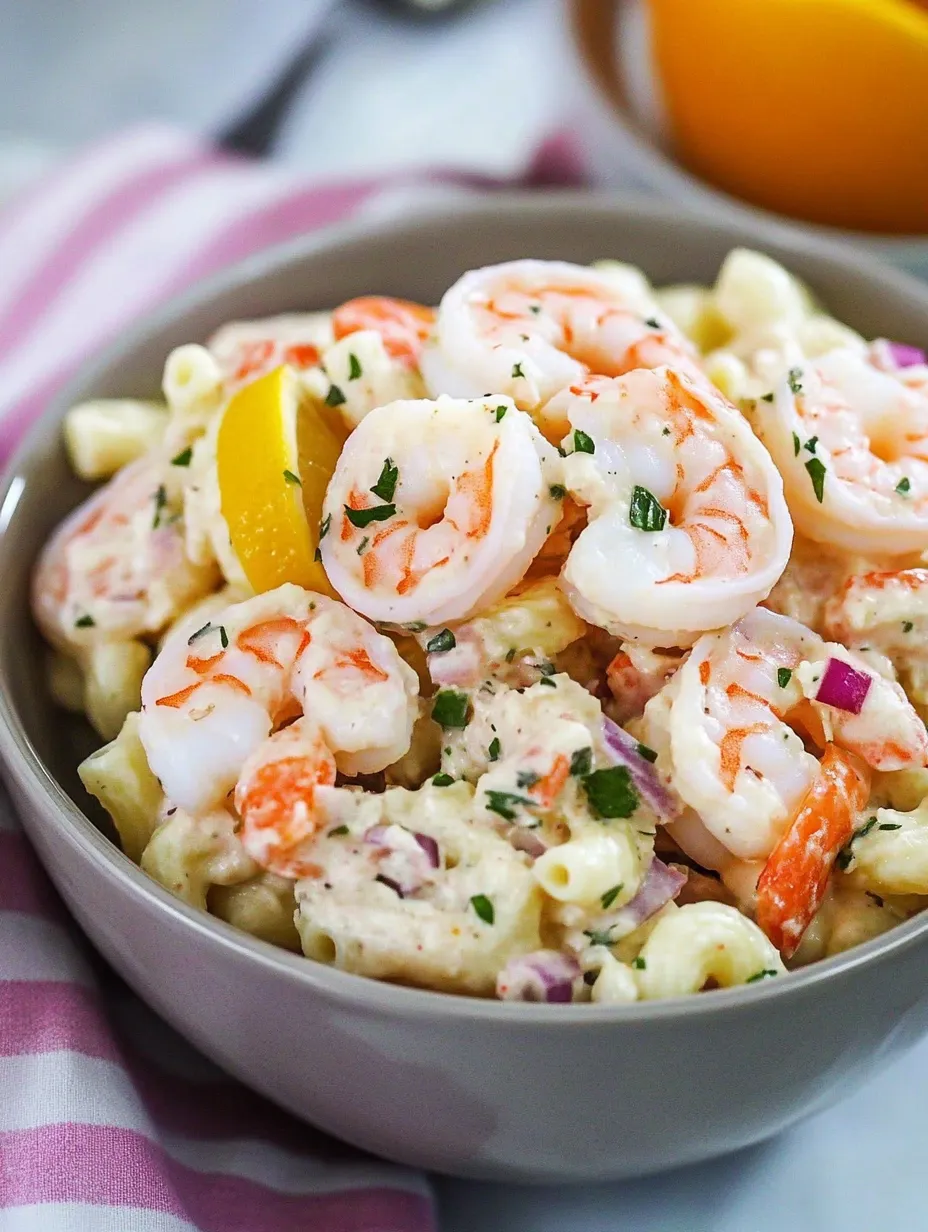 A bowl of shrimp macaroni salad.
