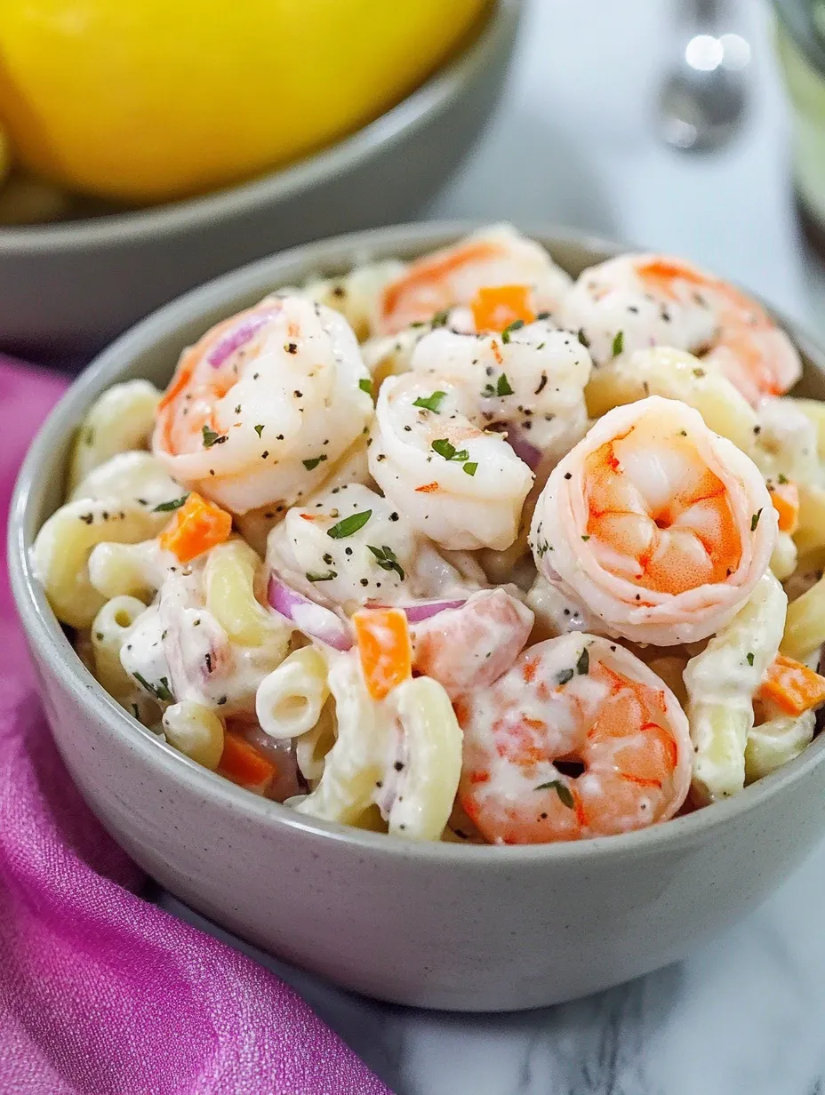A bowl of shrimp macaroni salad.