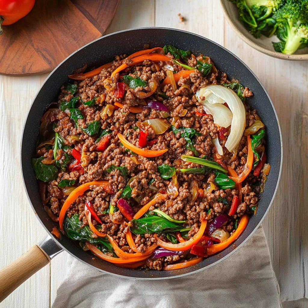 A skillet filled with ground beef and cabbage.