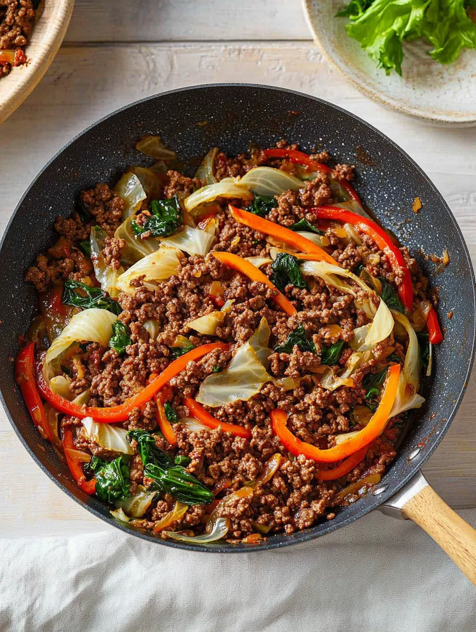 A skillet filled with ground beef and cabbage.