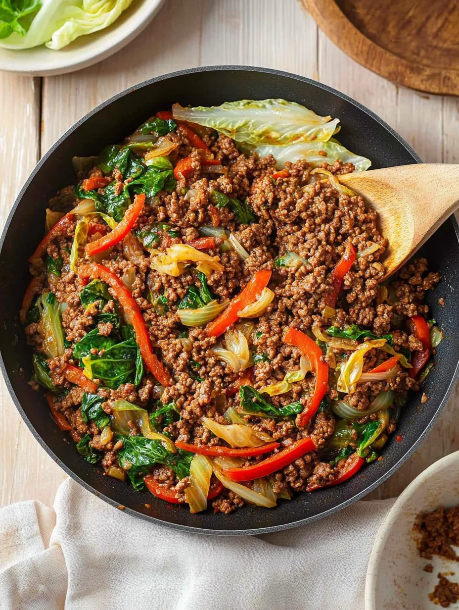 A skillet of ground beef and cabbage.