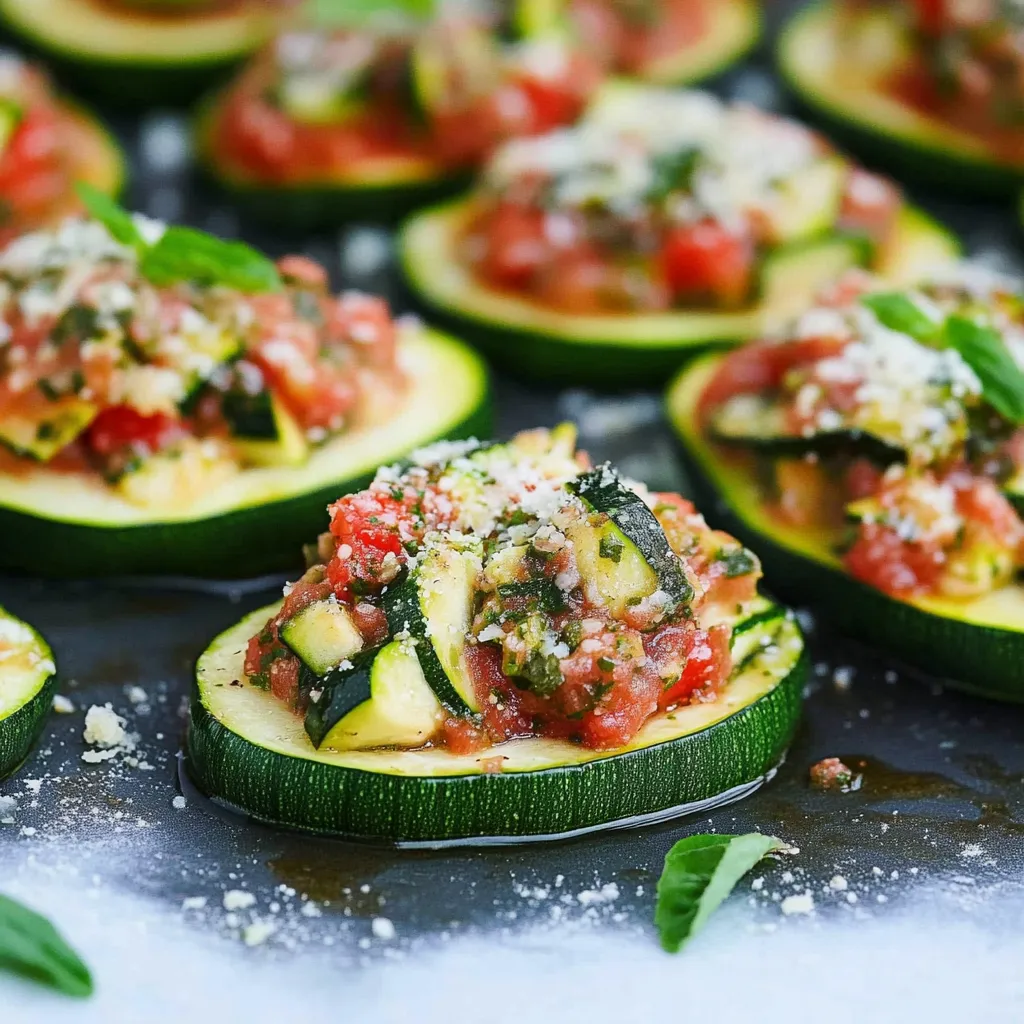 A plate of zucchini bruschetta with tomato sauce.