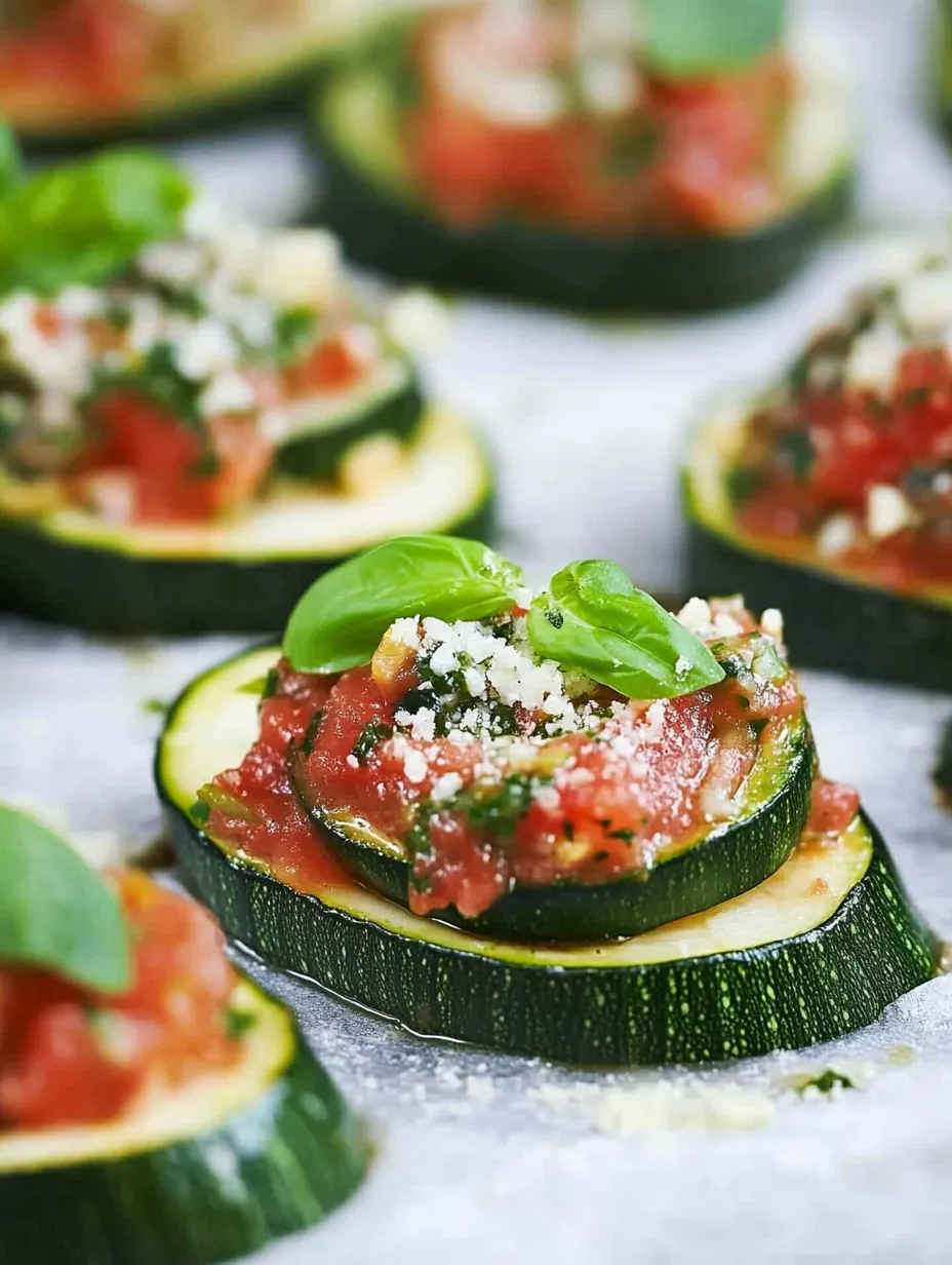 Zucchini bruschetta recipe with tomato sauce and basil.