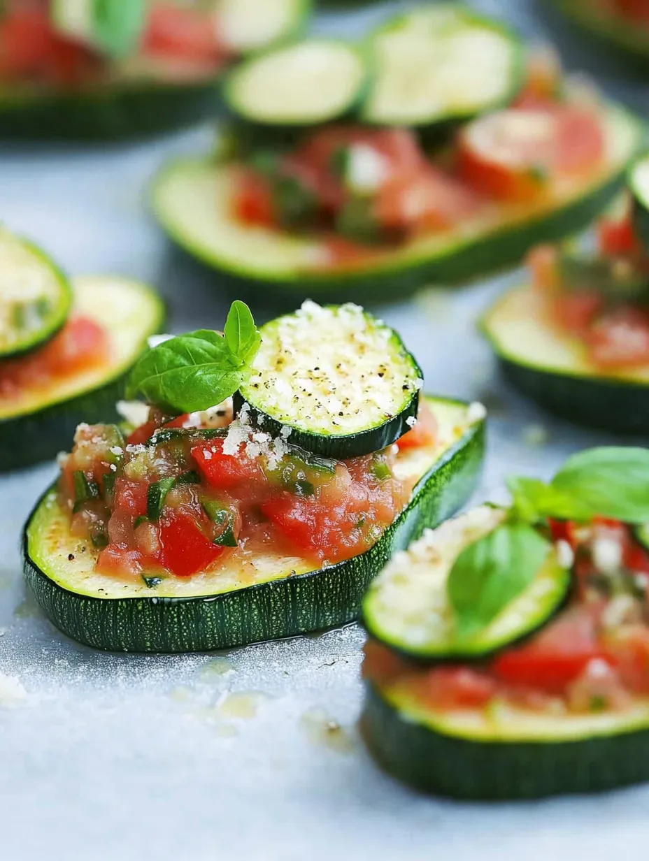 Zucchini bruschetta recipe with tomato sauce and basil.