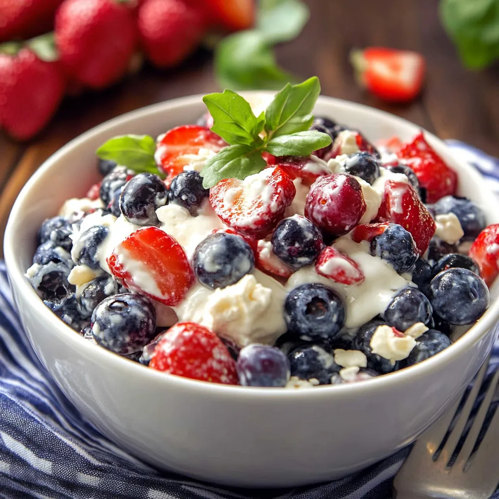 A bowl of fruit salad with strawberries, blueberries, and whipped cream.