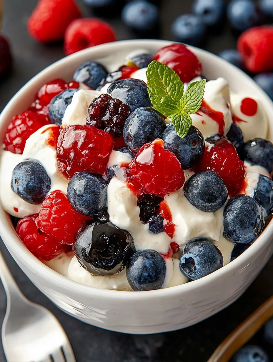 A bowl of red, white and blue fruit salad.