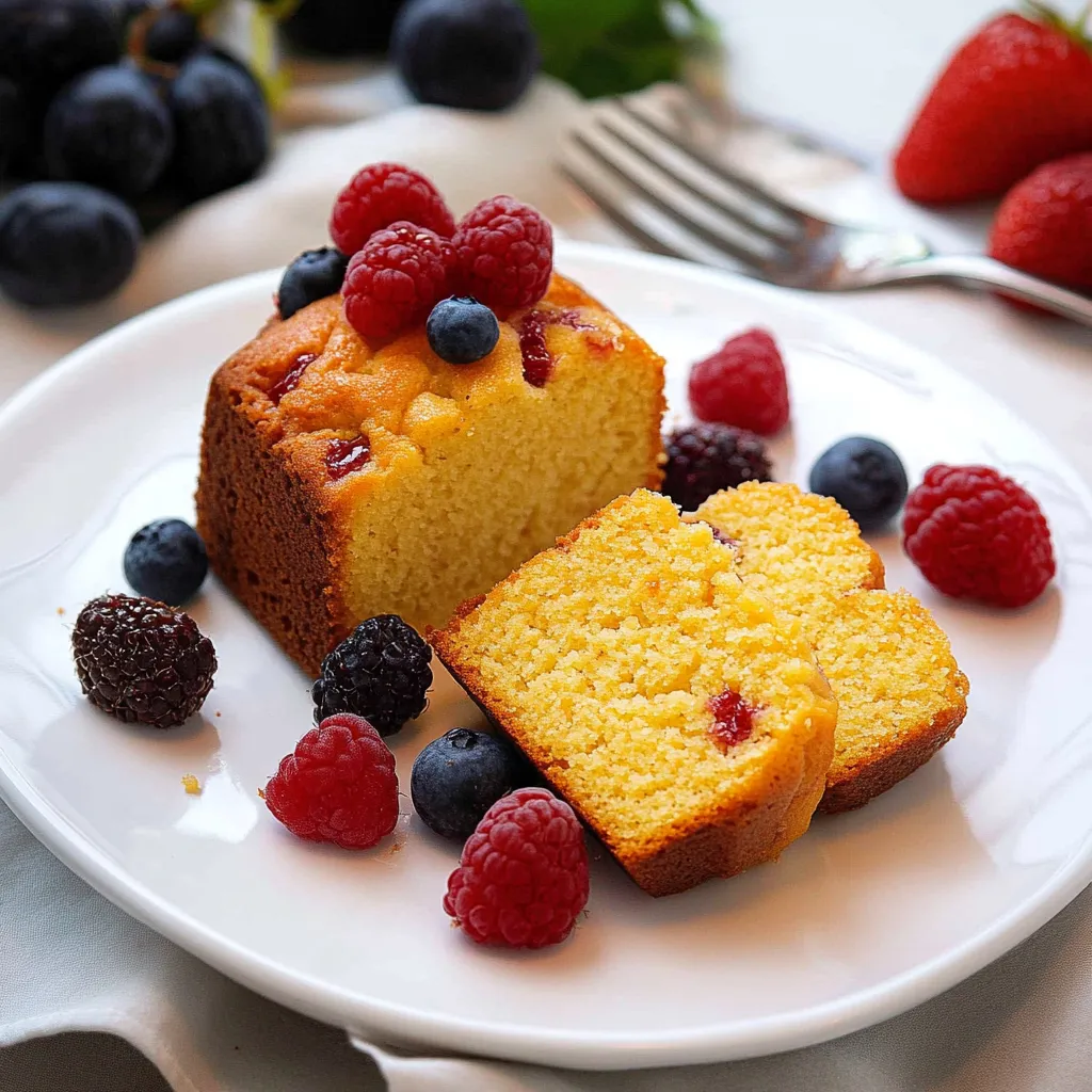A slice of cake with blueberries and raspberries on top.