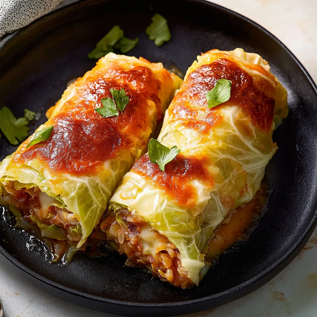 Two stuffed cabbage rolls on a black plate.